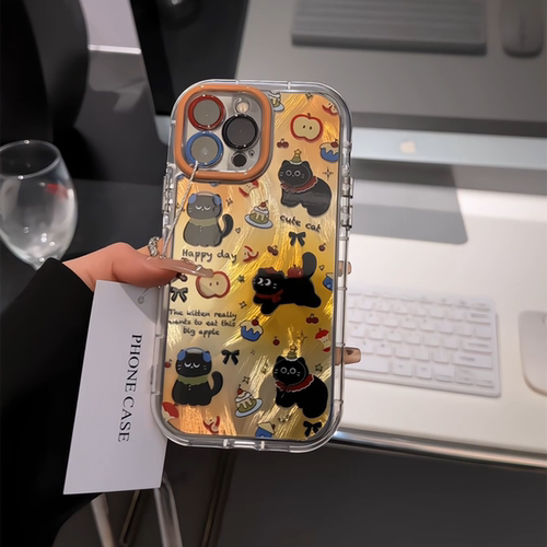 晕染底涂鸦小黑猫适用苹果17pro奶油羽纱纹卡通手机壳iphone16可爱华为p创意可爱mate70保护套小众小米15新款