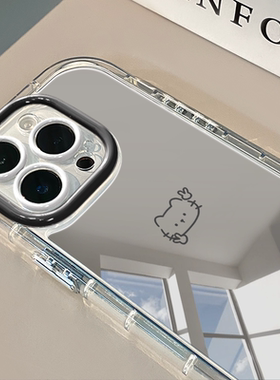 比耶线条小猫适用于苹果17promax镜面奶油壳iPhone16手机壳华为p可爱小米15防摔潮流保护套mate70小众