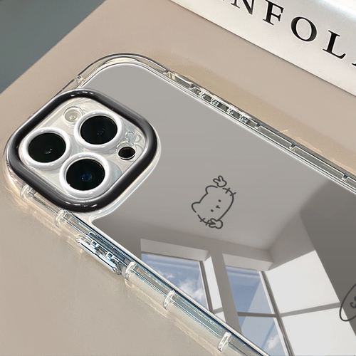 比耶线条小猫适用于苹果17promax镜面奶油壳iPhone16手机壳华为p可爱小米15防摔潮流保护套mate70小众