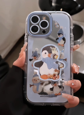 毛绒小企鹅和雪人适用于华为oppo苹果16镜面奶油壳iPhone15/12/11promax手机壳真我红米小米13pro/u