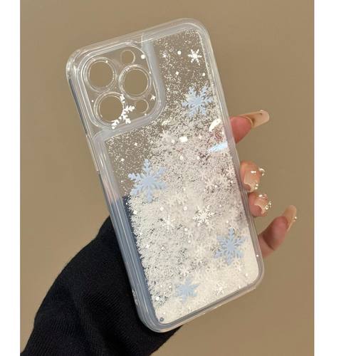雪花适用iPhone16pro手机壳苹果15流沙雪花mate60超薄华为Puea70pro防摔全包套女新潮流行