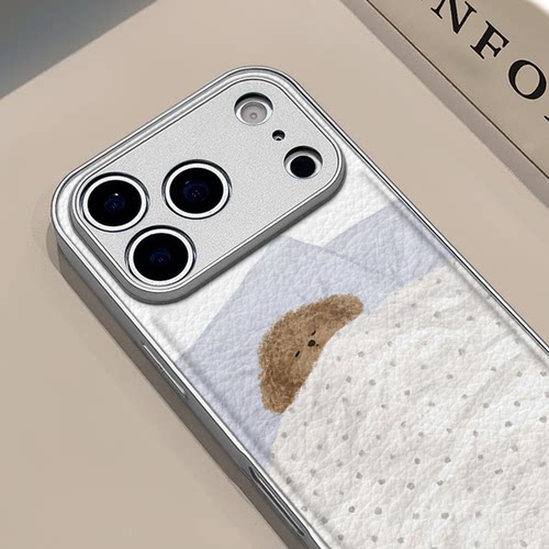 睡觉小狗适用苹果17pro手机壳iphone16pm金属鼓状皮纹华为p80防摔可爱mate70保护套荣耀oppo防摔小米