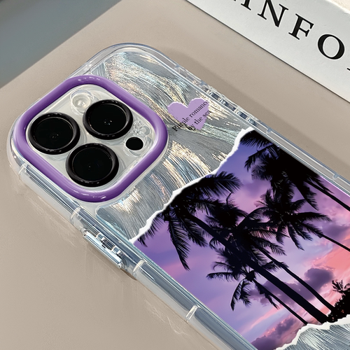 紫色天空椰林适用苹果17奶油羽纱纹卡通手机壳iphone16可爱华为p创意可爱mate70保护套小众小米15新款