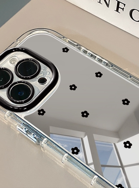 黑色花朵适用于苹果16promax镜面奶油壳iPhone15手机壳华为p可爱小米15防摔潮流保护套mate70小众