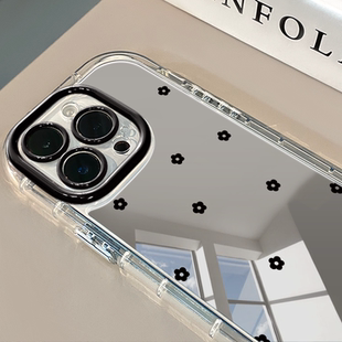 黑色花朵适用于苹果16promax镜面奶油壳iPhone15手机壳华为p可爱小米15防摔潮流保护套mate70小众