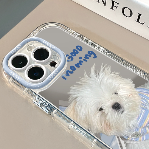 瞌睡小狗镜面适用苹果17promax奶油壳华为oppo新iPhone16pro/15/13promax手机壳真我红米小米13pro/ultra