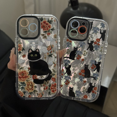 牡丹花从猫咪适用苹果16pro奶油羽纱纹卡通手机壳iphone15可爱华为p创意可爱mate70保护套小众小米15新款