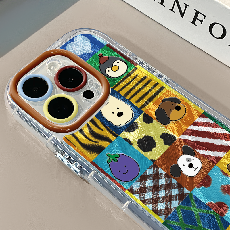 撞色格子涂鸦玩偶适用苹果17pro奶油羽纱纹卡通手机壳iphone16pro可爱华为苹果11创意可爱保护套15ProMax