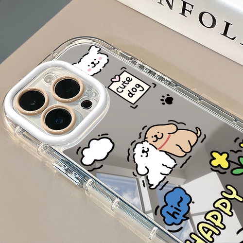 贴贴线条小狗适用于苹果17pro镜面奶油壳iPhone16手机壳华为p80可爱小米15防摔潮流荣耀保护套mate70小众红米