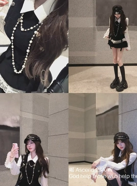 崛 Ascend-钉扣设计背心+蕾丝拼接衬衫+半身裙套装(配胸针)