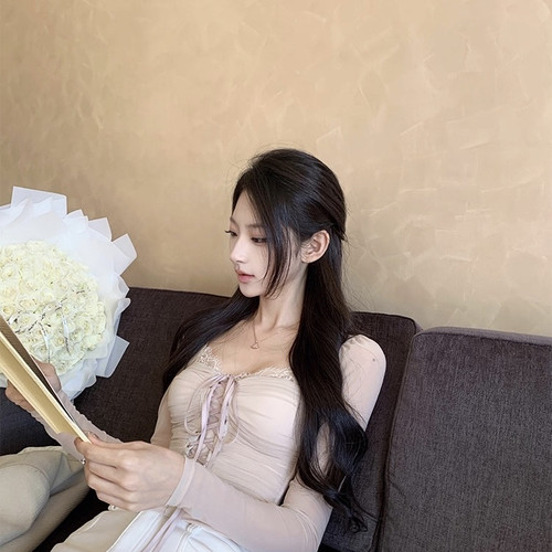 Simida斯密达-早春网纱拼接设计感蕾丝纯欲长袖上衣长袖T恤
