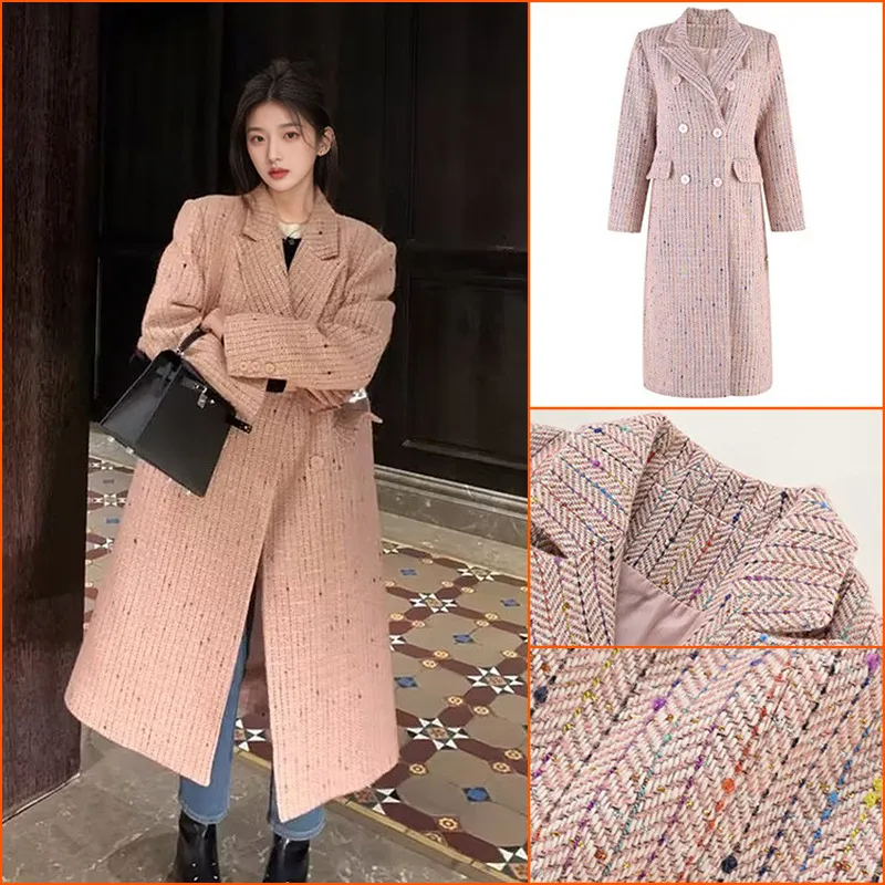 秋冬款毛呢长款外套西装领显瘦小香风高级感粉色呢子大衣女 KY700