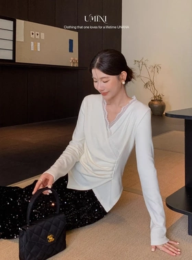 UNANA新品F7203十三行U+MINI气质小女人加厚磨毛拼接蕾丝针织衫女