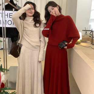 气质软糯堆堆领毛衣 显瘦半身裙套装