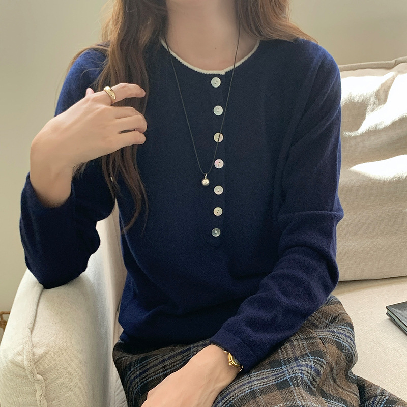 100纯羊毛衫女软糯系扣半开圆领长袖内搭打底上衣针织女装毛衣