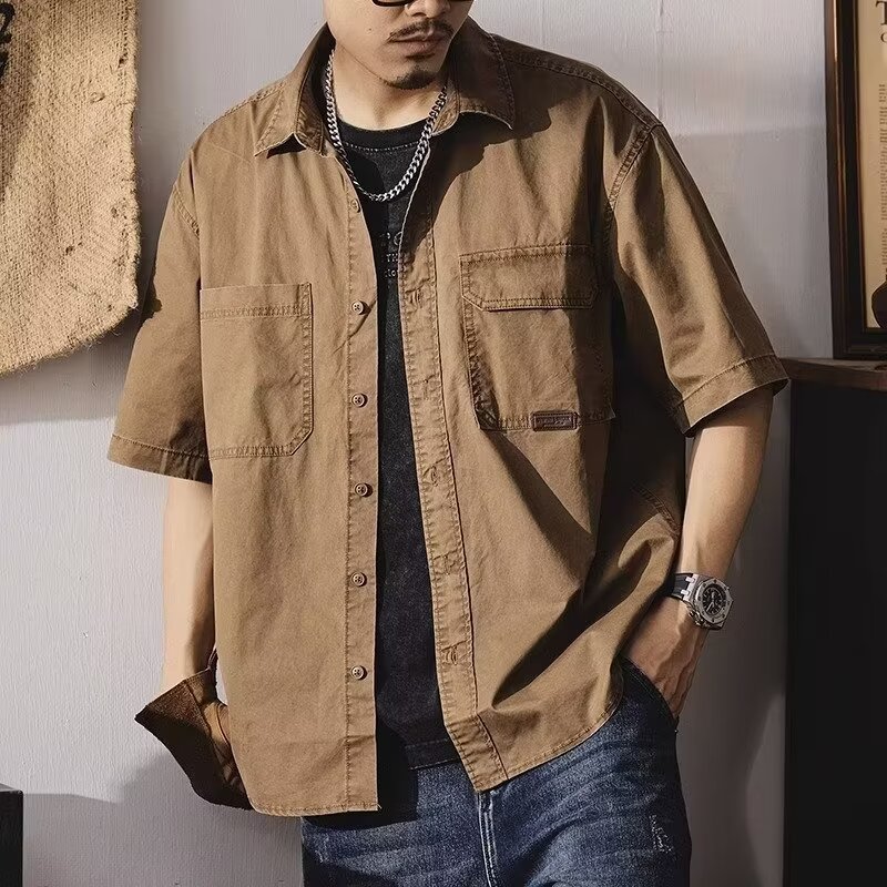 2024夏季新款多口袋短袖衬衫男宽松咖啡色工装T恤休闲运动上衣潮
