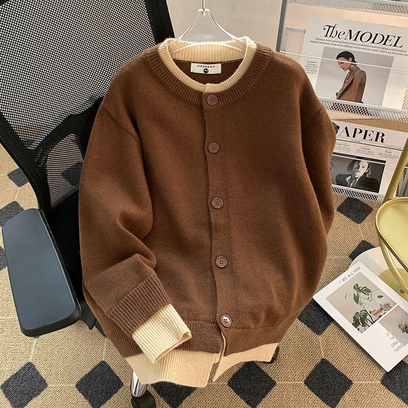 撞色拼接假两件开衫毛衣外套男冬季韩版痞帅打底针织衫情侣款上衣