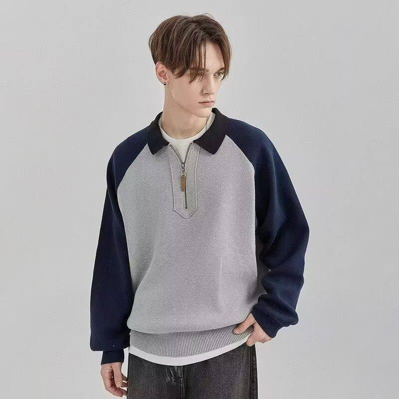 青少年夏季翻领polo衫长袖男高级感时尚撞色2025修身针织T恤上衣