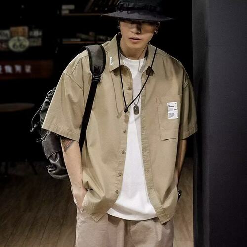 2023夏季新款工装风短袖衬衫男士宽松休闲衬衣外套学生短袖T恤潮