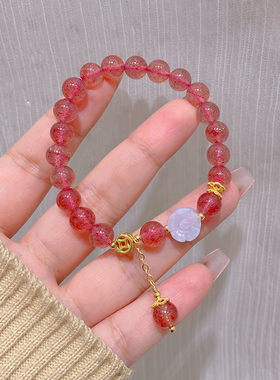 天然草莓晶圆珠手链国潮桃花手串