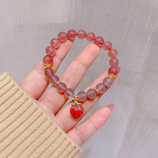 天然草莓晶手链盐源桃子串珠灰水晶手串女新中式旗袍汉服手饰珠子