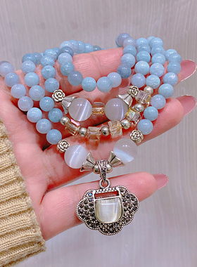 新中式蓝水晶猫眼石如意锁手链女