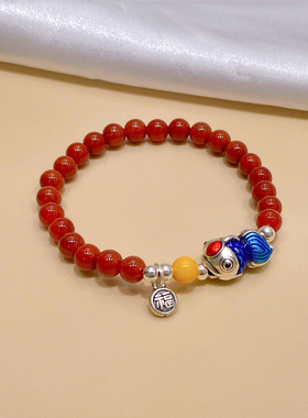 s925纯银鸿运当头嘟嘟鱼手链女南红玛瑙原创设计百搭饰品手串手绳