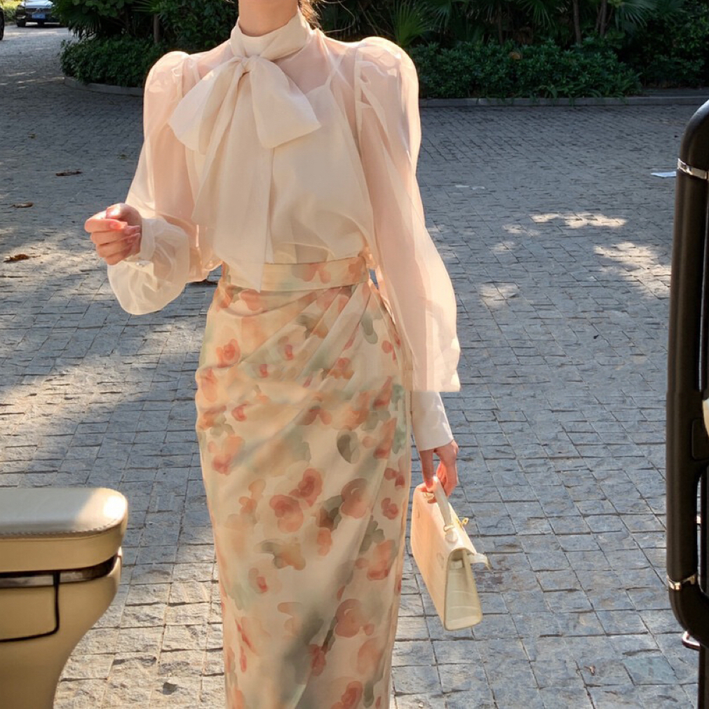 仿真丝印花皱褶高腰半身裙