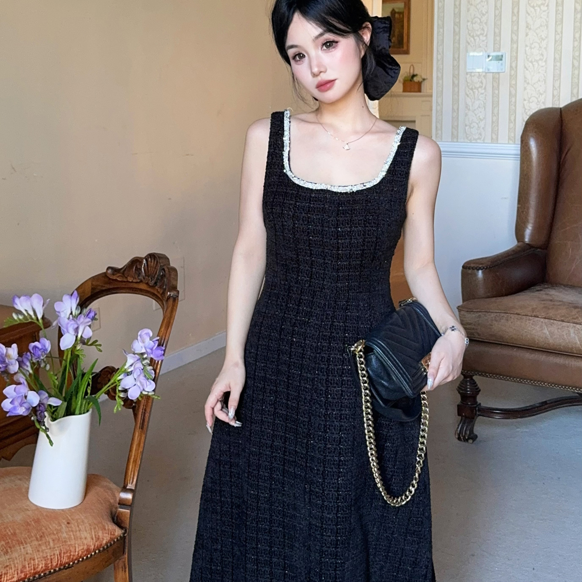重工镶钻花呢法式背心连衣裙