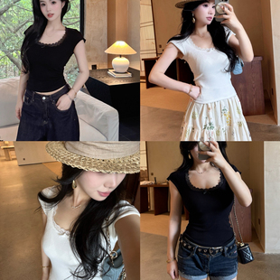 自在小个子纯欲风蕾丝边大U领黑白两色夏季 女 T恤修身 百搭套头短袖