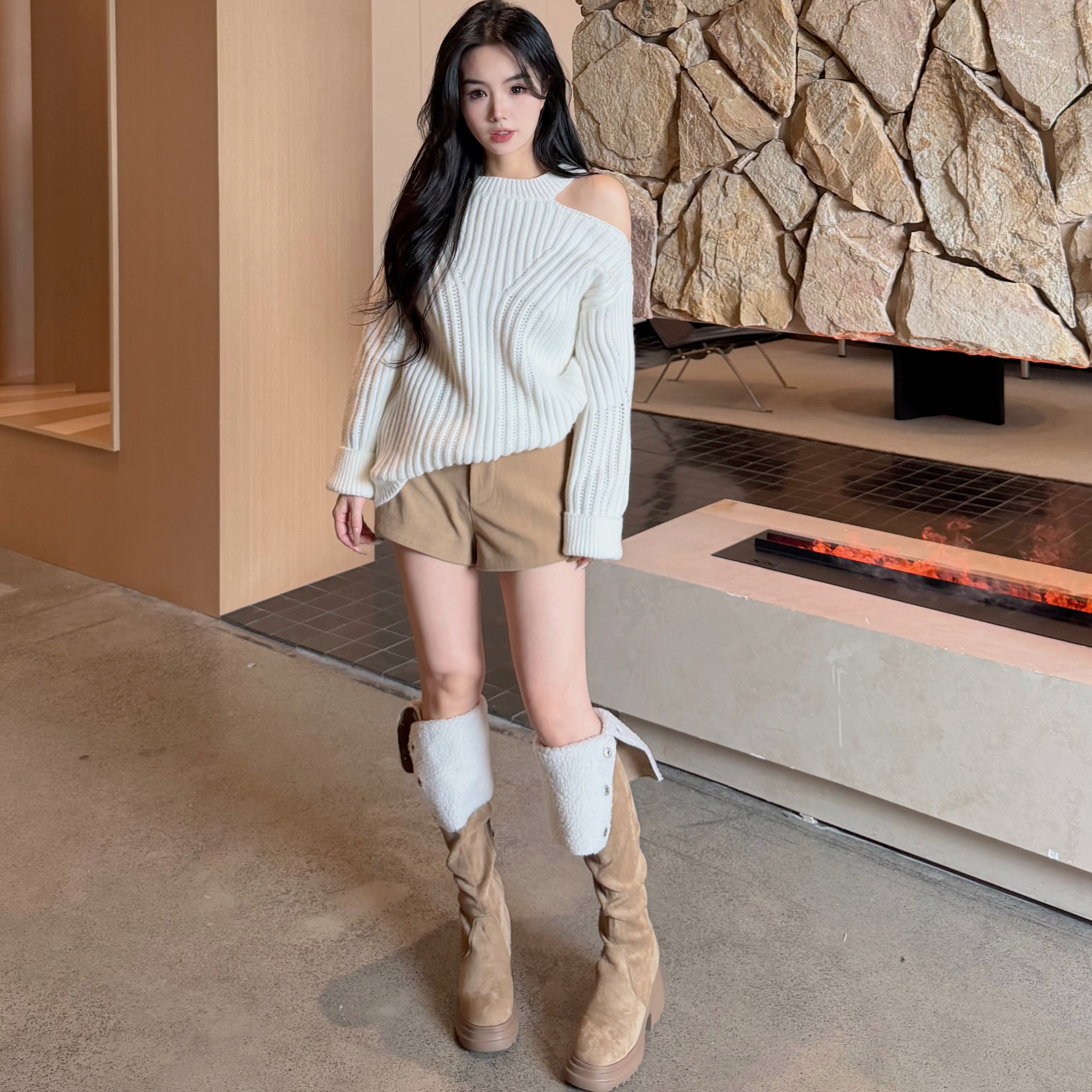 自在小个子巨好看挂脖斜肩设计感宽松毛衣慵懒感外穿坑条女针织衫