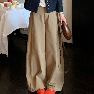 自在小个子格雷系新神裤设计垂感卡其色阔腿西裤休闲裤女秋冬长裤