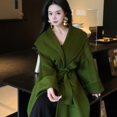 自在小个子美第奇复古绿大翻领双面羊绒羊毛长款大衣女毛呢外套