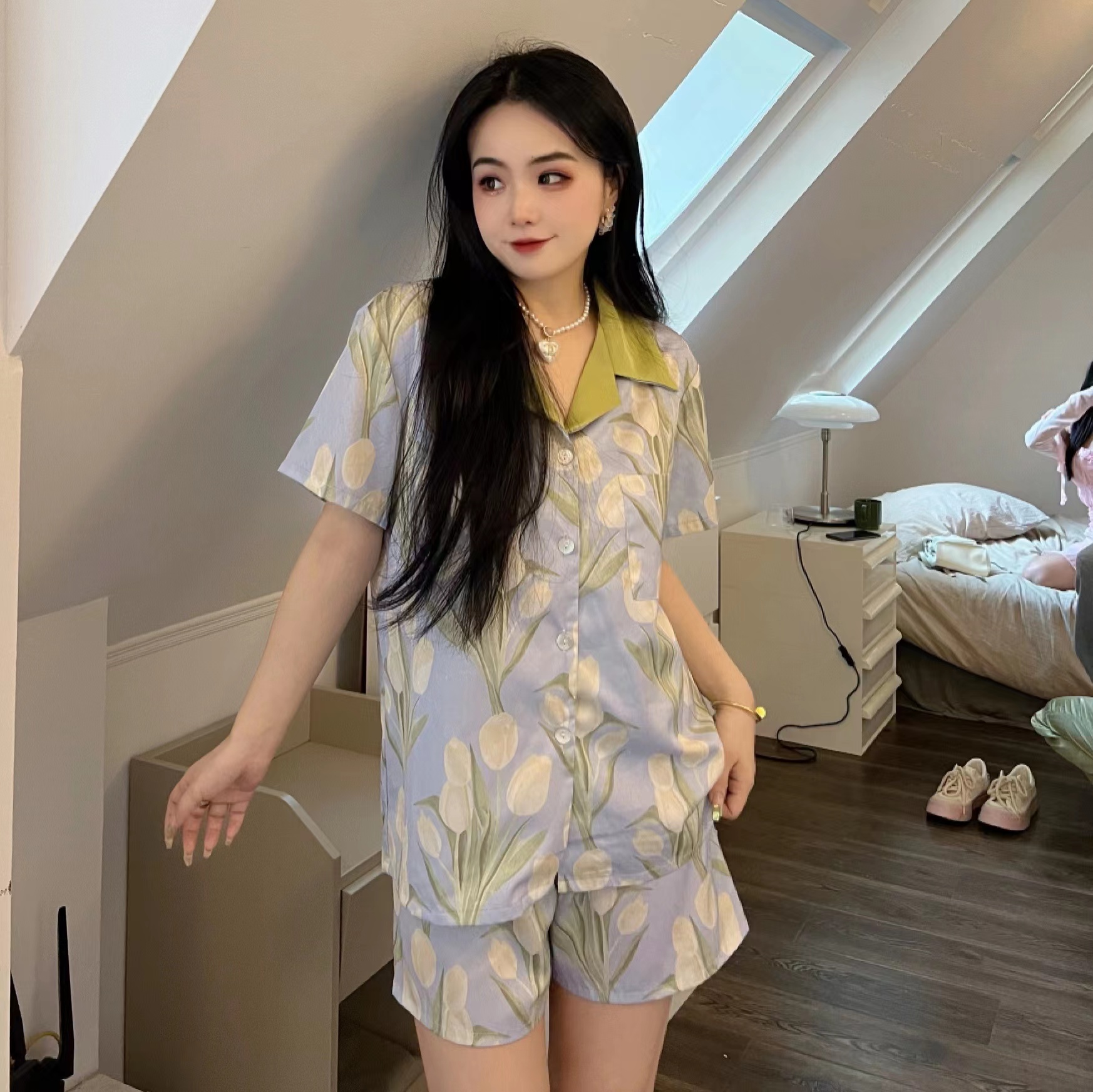 小个子油画郁金香法式仿真丝睡衣套装女夏季薄款短裤家居服两件套