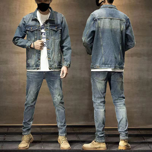 男士 衣服牛仔衣裤 外套韩版 夹克修身 子两件套 时尚 春秋牛仔休闲套装