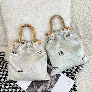 佑木包袋国风竹叶熊猫提花织锦缎布包竹节手提手挽包中式包按扣女