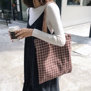 小格子双面帆布包单肩手提托特包棉麻两用型购物袋学生书包女