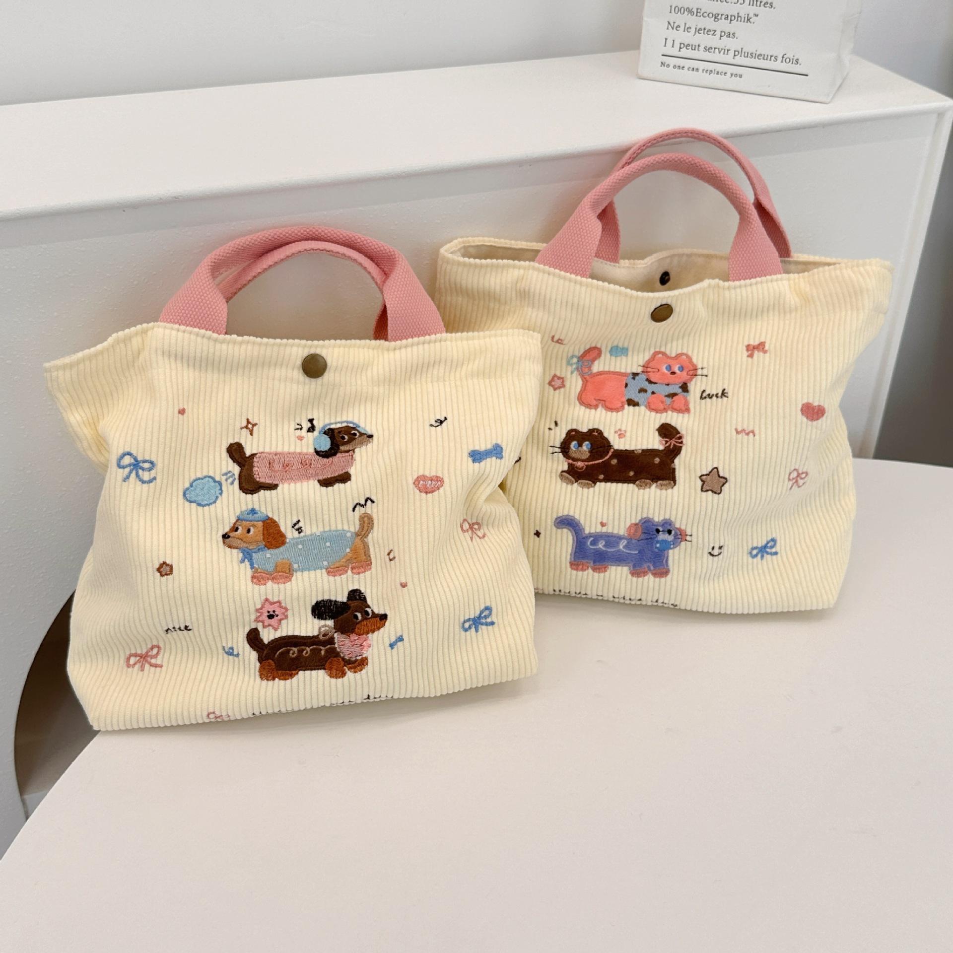 灯芯绒卡通猫狗刺绣手提便当包