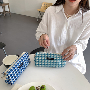 佑木包袋 ins风清爽撞色格纹化妆包学生笔袋便携迷你拉链收纳袋女