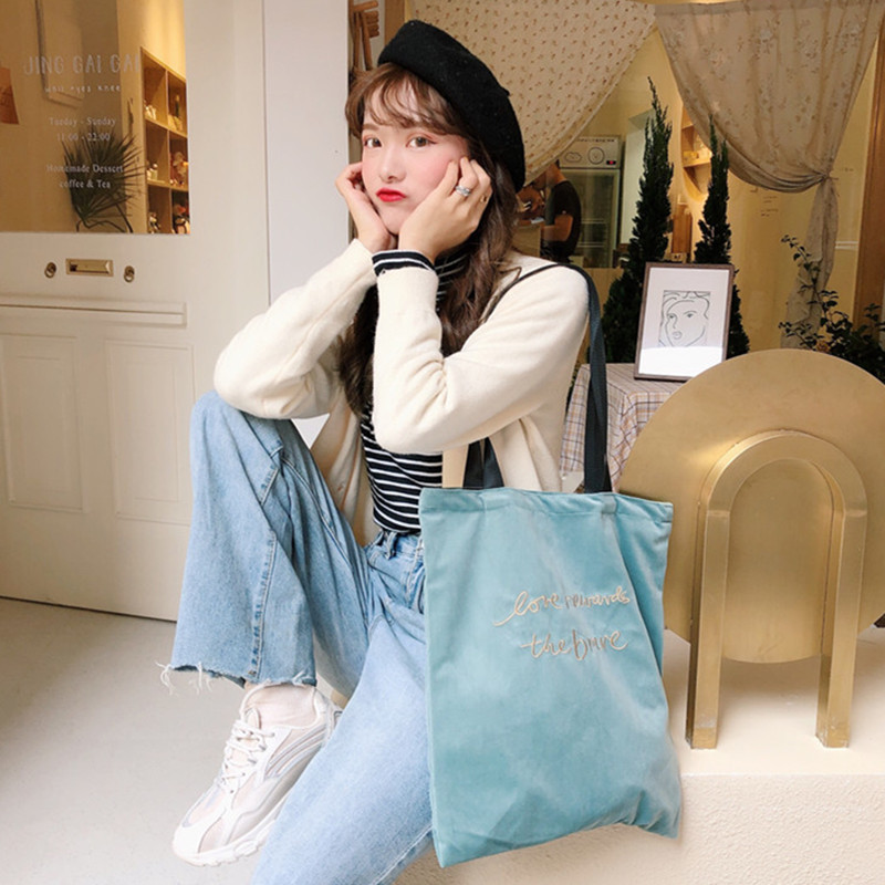 佑木包袋复古丝绒字母刺绣布包单肩手提学生书包环保购物袋日韩系