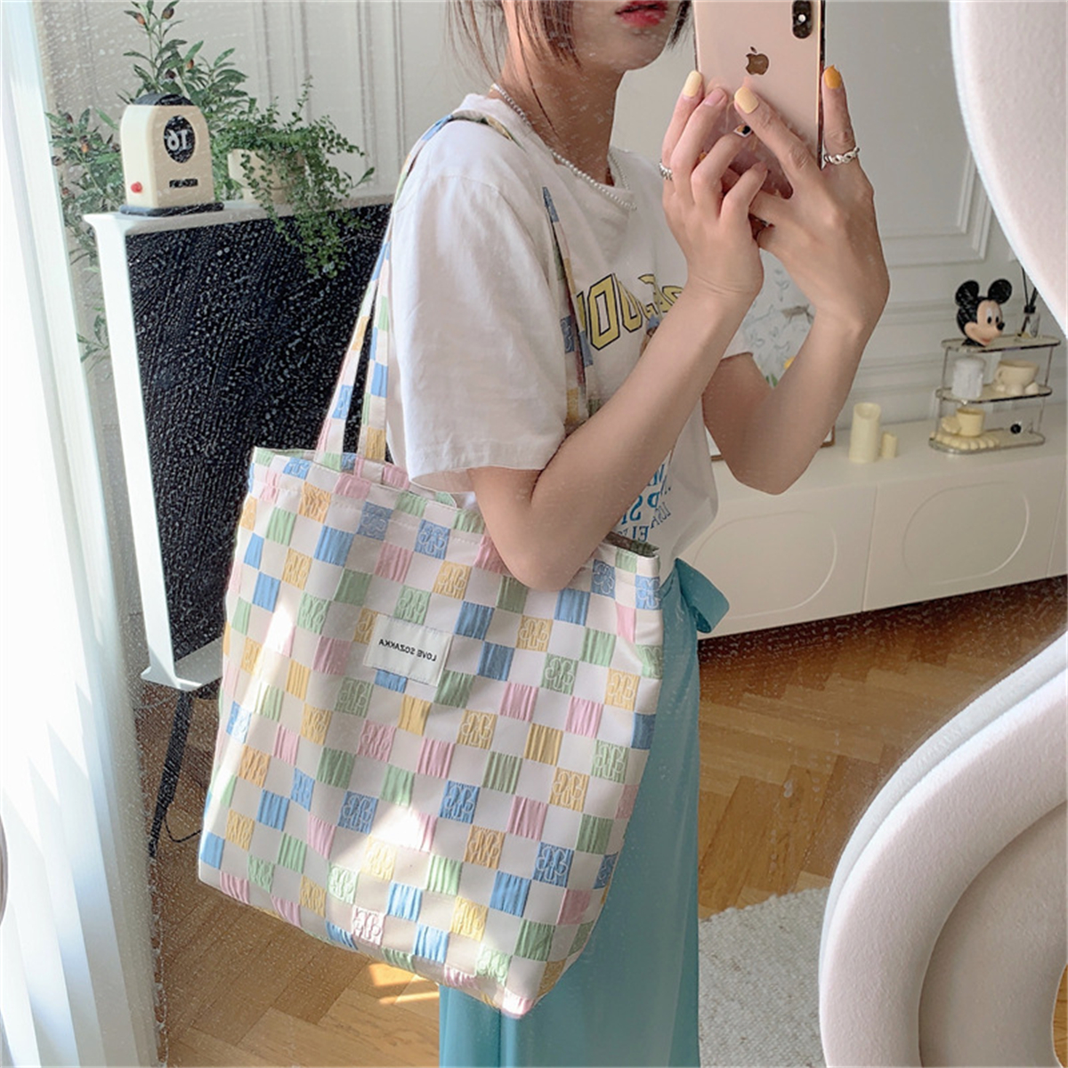 格纹少女心敞口手提布袋单肩背包