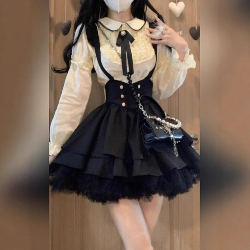 大码学院风收腰背带蝴蝶结背带裙女秋冬纯欲甜美娃娃领衬衫两件套