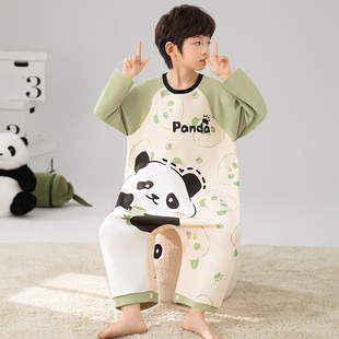 儿童连体睡衣春秋纯棉长袖男童宝宝家居服中大童全棉卡通熊猫睡袋