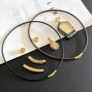 男士加粗真皮项链绳横穿孔唐卡吊坠绳大孔珠金镶玉挂件绳牙齿皮绳