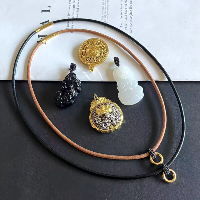 钛钢牛皮绳真皮万能扣免绑八宝罗盘项链绳观音玉佩吊坠绳貔貅挂绳