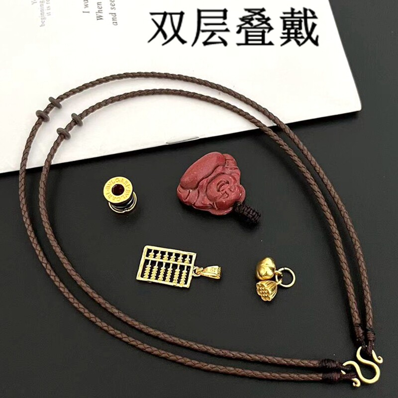 钛钢真皮双层叠戴项链绳多层叠戴链锁骨绳转运珠项圈弯管横穿挂绳