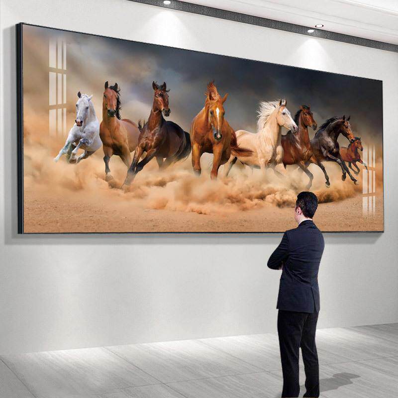 八骏图客厅挂画国画办公室沙发背景墙万马奔腾装饰画骏马图壁画