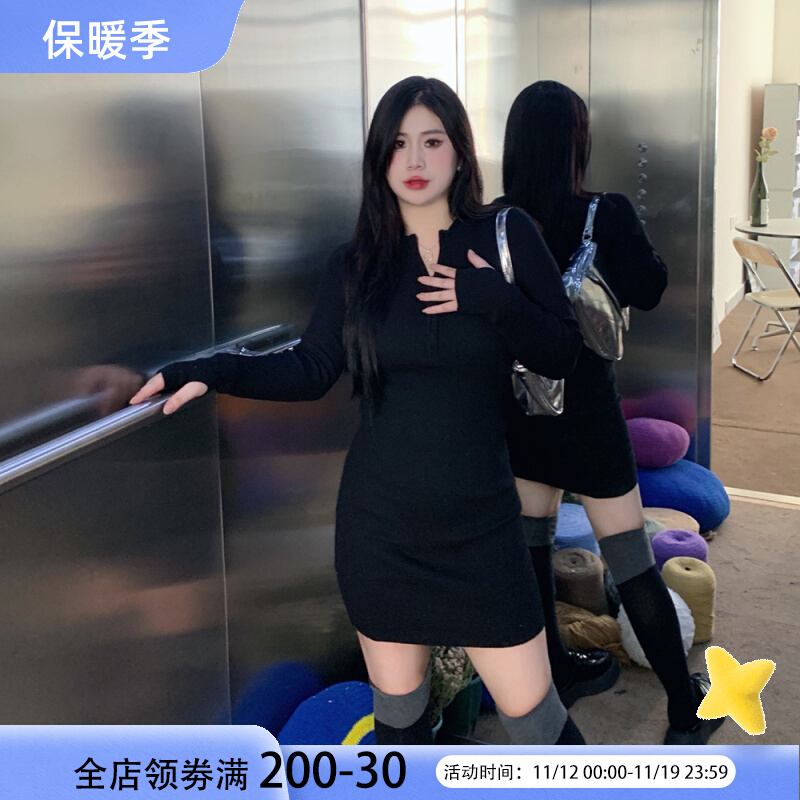 胖mm秋冬新款修身拉链短款连衣裙大码洋气黑色辣妹内搭韩系短裙潮