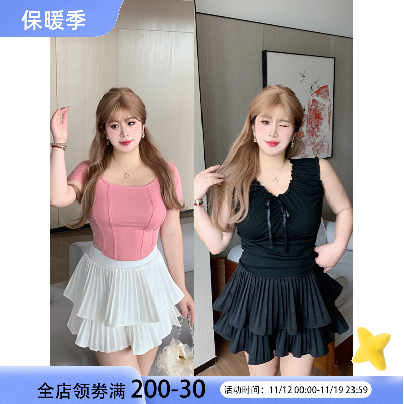 阿Yo姐姐韩系减龄少女甜美短裙大码胖mm百褶裙公主蓬蓬裙半身裙夏