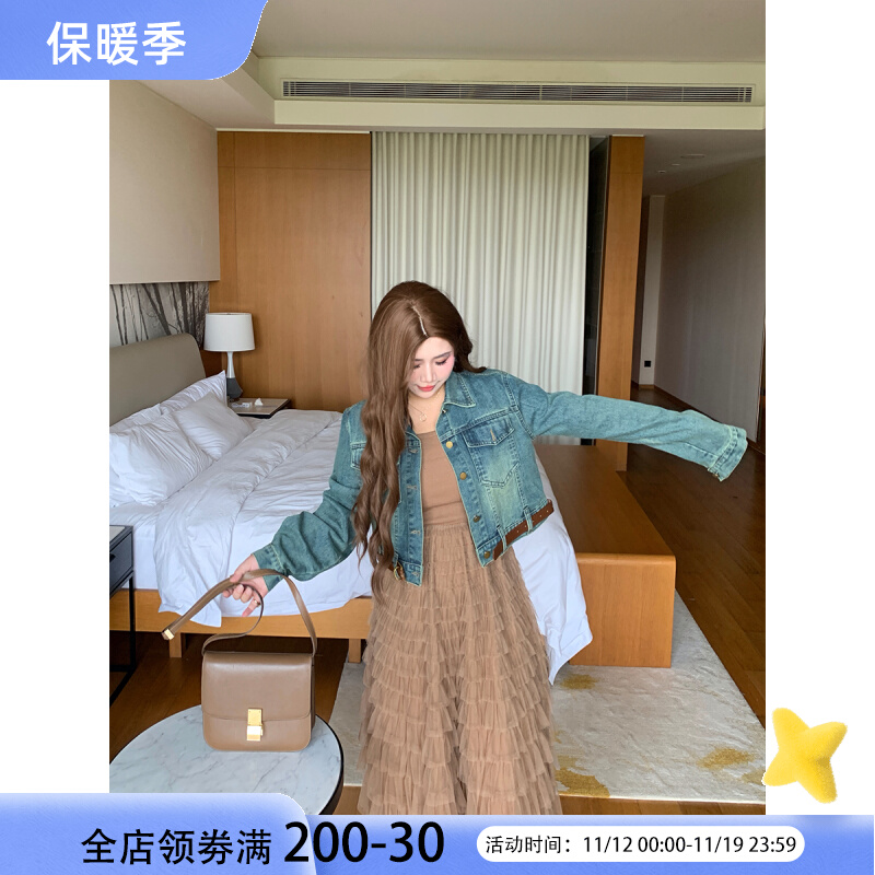 大码洋气秋冬炸街网纱蛋糕连衣裙长裙内搭吊带裙牛仔外套短款套装